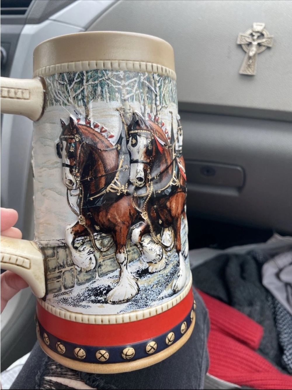 Budweiser Ceramic Stein with Brown and Red Horse Team Artwork